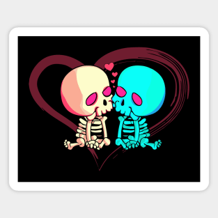 Two romantic skeletons kiss with pink heart in background Magnet